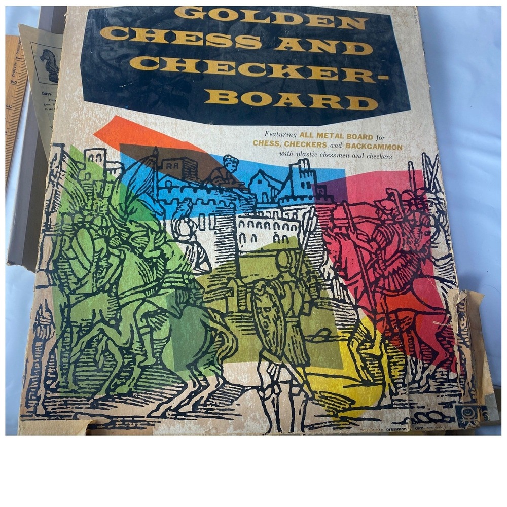 Vintage Golden Chess Checker Board Game All Metal Board with Plastic Pieces
